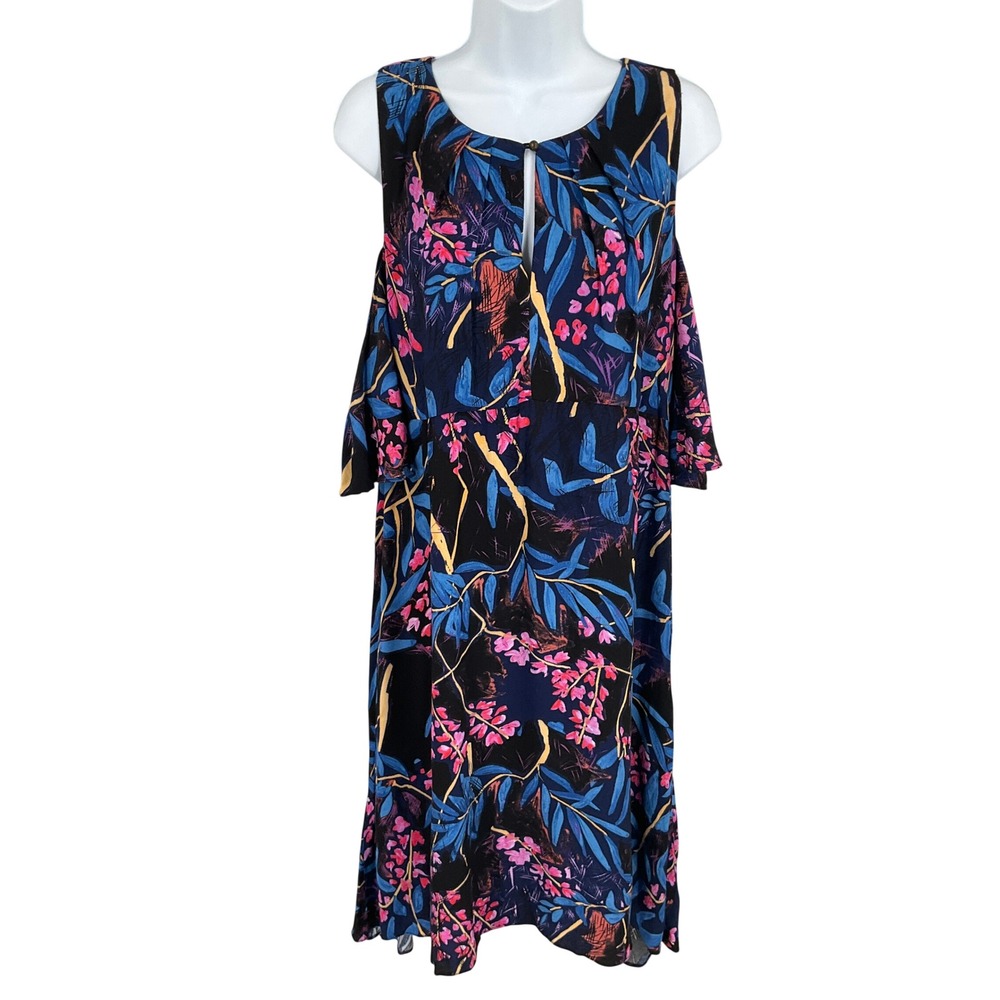 Maeve Dress Womens 14 Blue Tropical Floral Cold Shoulder Anthropologie Resort